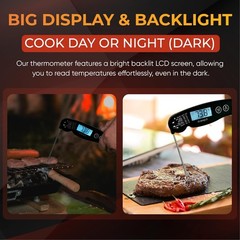 Instant Read Thermometer | Ultra-Fast & Waterproof | Bright Backlight & Black