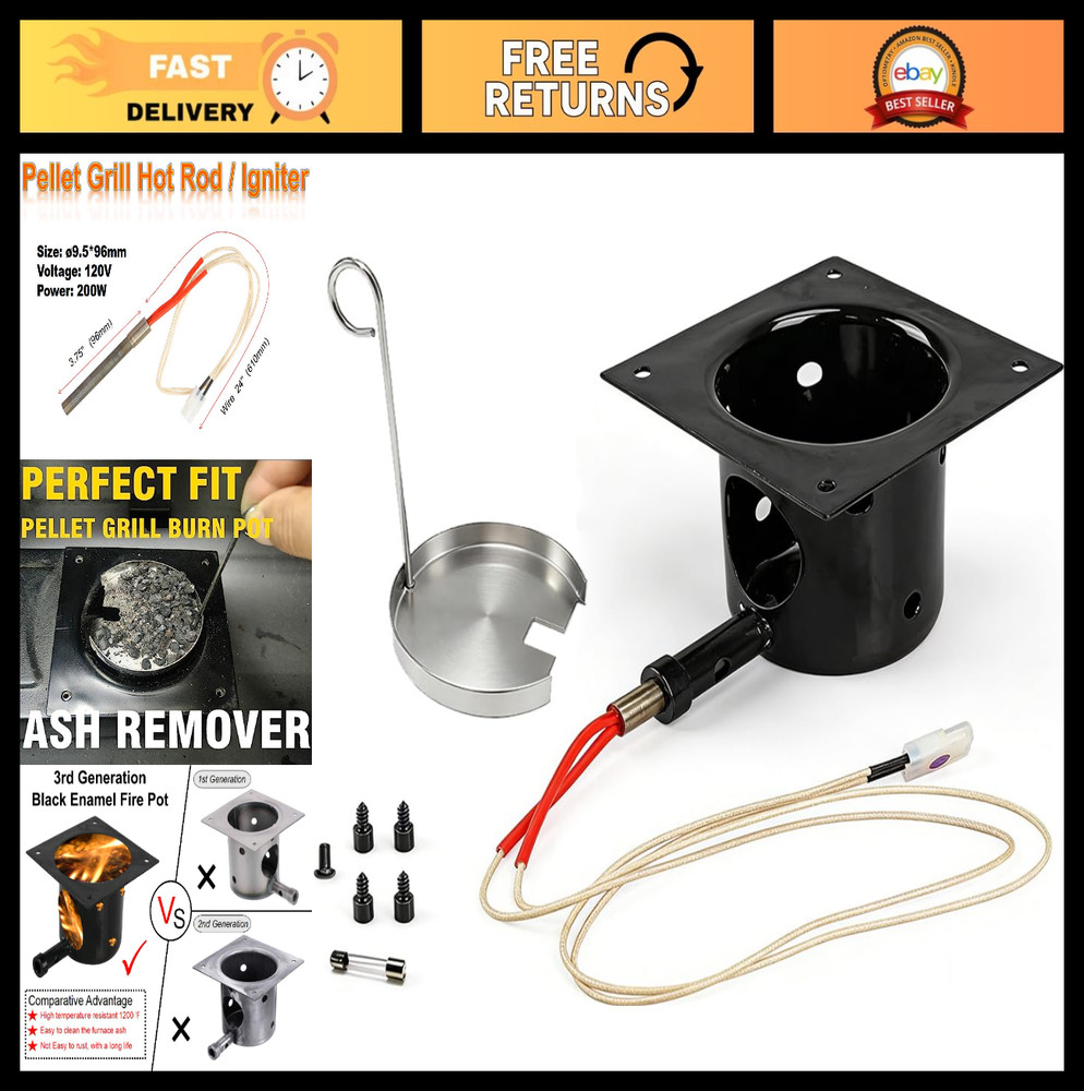 Heavy Black Enamel Fire Pot & Hot Rod Ignitor Kit for Pellet Grill Replacement P