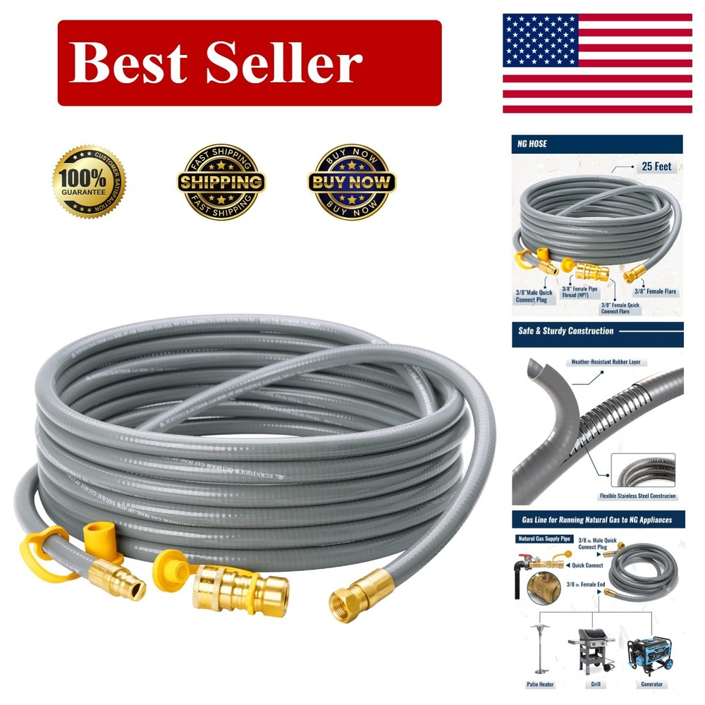 Weather-Resistant 25ft 3/8″ Natural Gas Grill Hose with Easy Connect Fittings