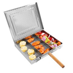 Stainless Steel Grill Tray with Wooden Handle for Camping and Barbecues