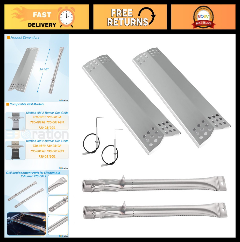 Grill Replacement Parts – 3-Pack Burner Tubes & Heat Plates for 2-Burner Grills