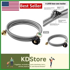6 Feet Stainless Steel Braided Propane Adapter with Gauge for 1lb to 20lb Tanks