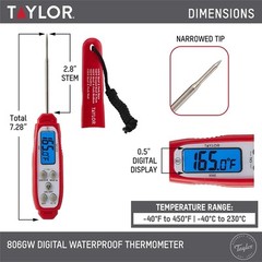 Taylor Digital Waterproof Thermometer with Bright Blue Backlight for Red