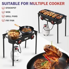 High Pressure Propane Gas Regulator & Double Burner Camping Grill – 120,000 BTU