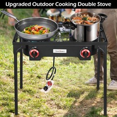 High Pressure Propane Gas Regulator & Double Burner Camping Grill – 120,000 BTU