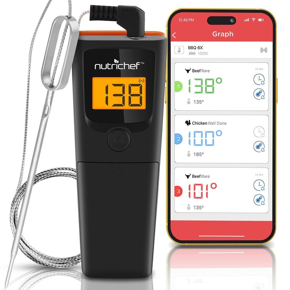 NutriChef Bluetooth Grill BBQ Meat Thermometer, 150 ft Wireless Digital Black