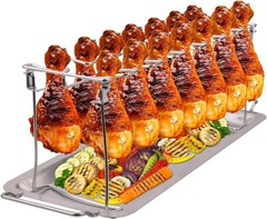 NEWCOMDIGI Chicken Leg Rack for Grill with Drip Tray, 14 Slots Sliver