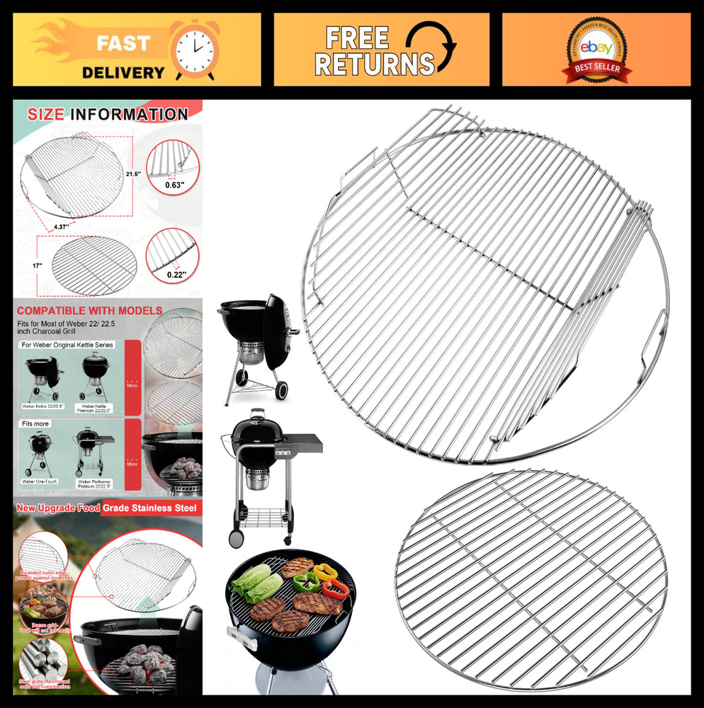 304 Stainless Steel Cooking & Charcoal Grate Kit for 22/22.5” Kettle Grill Acce