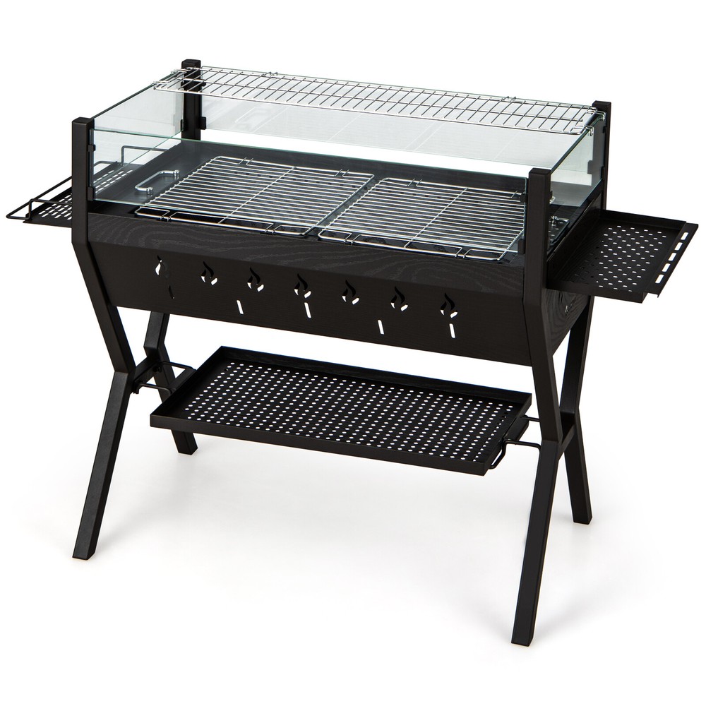 Stainless Steel Barbecue Charcoal Grills with Wind Guard & Seasoning Racks