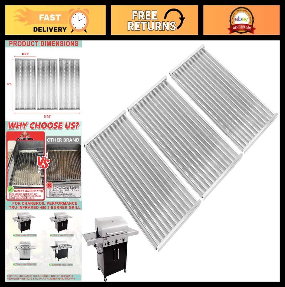 Infrared Grill Grate Replacement for 3-Burner Charbroil Performance, 3-Pack