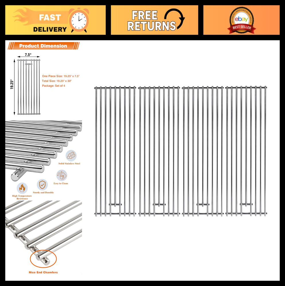 19.25″ Stainless Steel BBQ Grill Grates Replacement – 4 Pack for Bull Angus, Bra