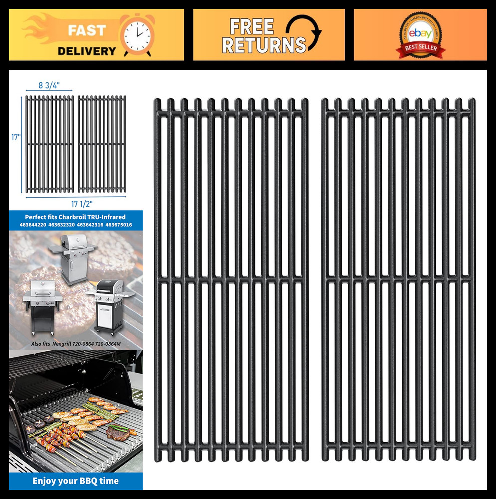 17×8.75 Cast Iron Cooking Grate Replacement for 2-Burner Grills, Fits CharBroil