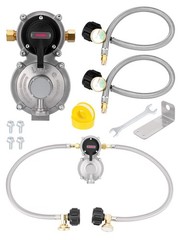 2-Stage Auto Changeover Propane Gas Regulator with Dual 18″ Hoses & Tank Gauge f