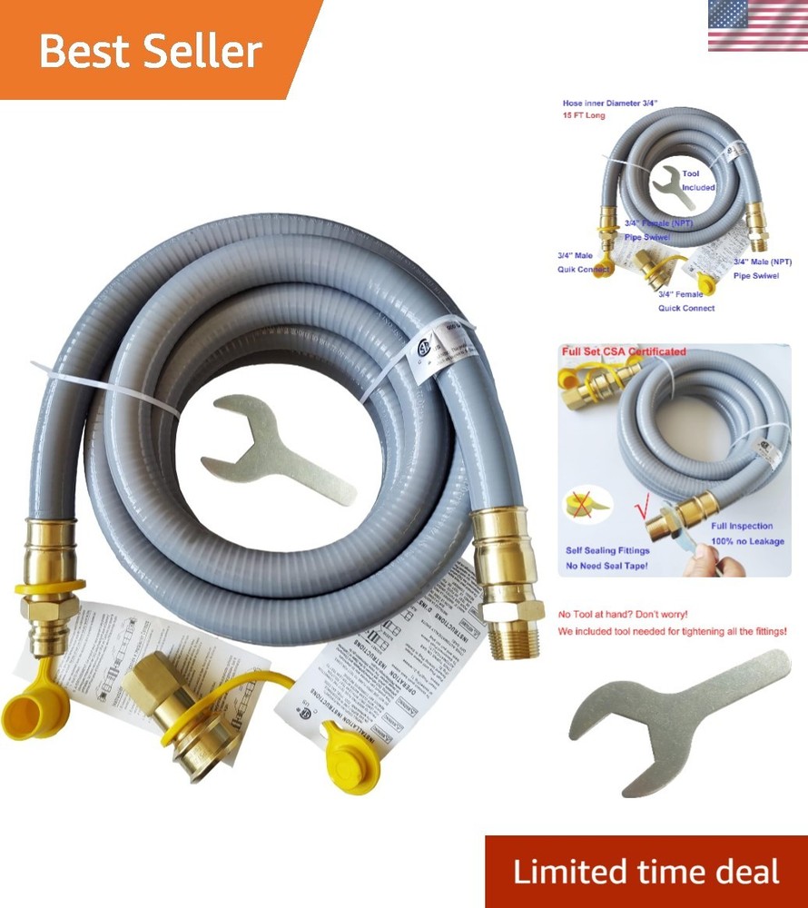 15FT Brass Natural Gas Hose with Self-Seal Fittings – Easy Install Tool Included