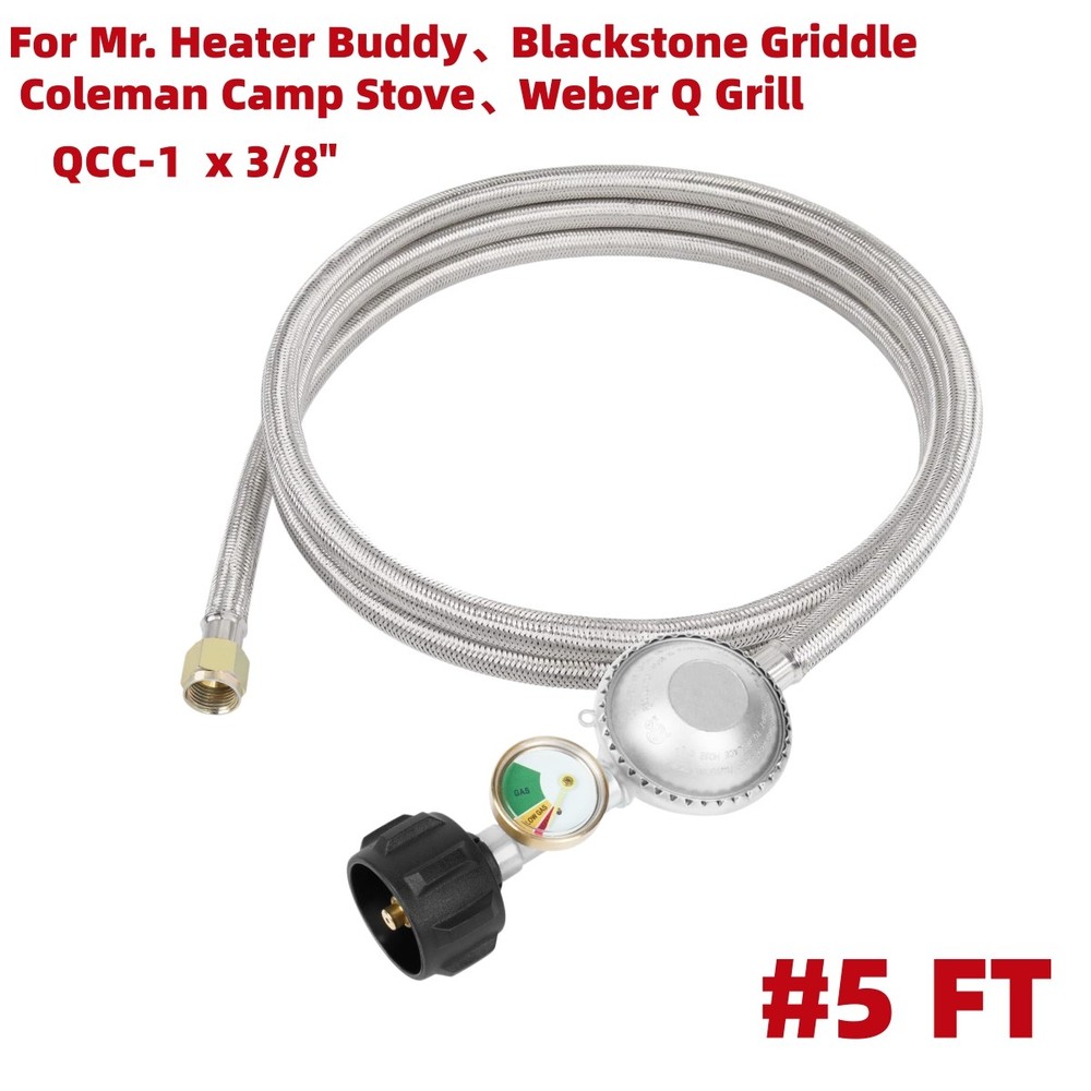 Braided Propane Regulator Hose 5FT with Gauge for Grill Fire Pit