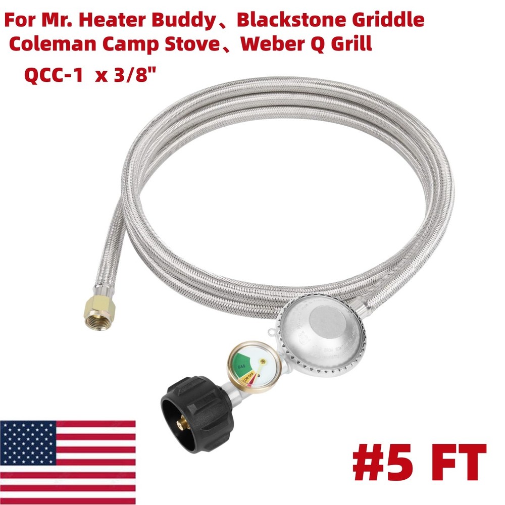 Upgrade 5FT Propane Regulator Hose with Gauge, Braided Grill Hose QCC1