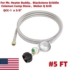 Upgrade 5FT Propane Regulator Hose with Gauge, Braided Grill Hose QCC1