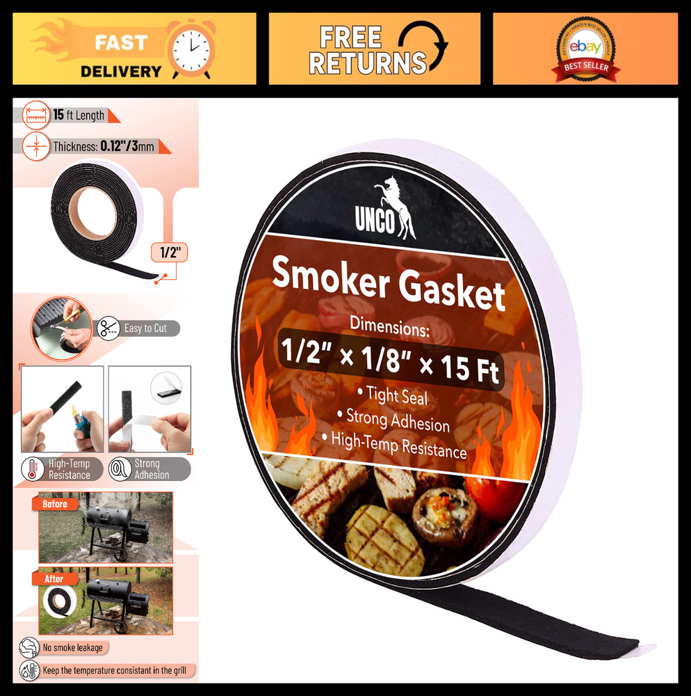 High Temp Smoker Gasket 15ft – 1/2″ x 1/8″ BBQ Grill Seal for Smoke Control
