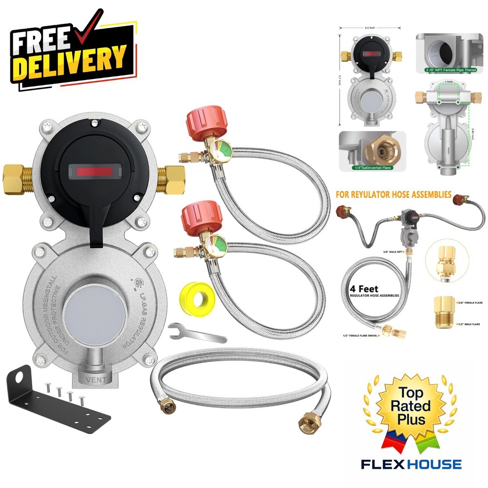 2-Stage Auto Changeover LP Propane Gas Regulator with 2×18″ Hoses & 4FT Assembly