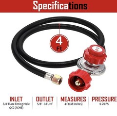 4 ft High Pressure 0-20 PSI Adjustable Regulator with Red QCC-1 Type Hose