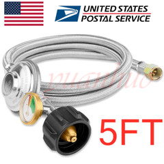5FT BBQ Grill Low Pressure Propane Regulator Hose w/Gauge for Gas Pit, Stove