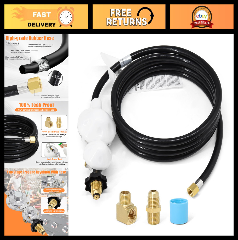 12FT Propane Hose with Regulator & Adapter for Heaters, RVs, Stoves, Generators