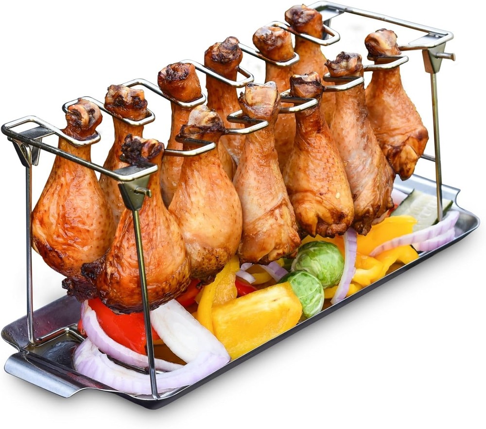 Chicken Leg Rack for Grill with Drip Tray – Easy to Use 12 Slots Chicken Wing