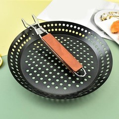 Round Folding Baking Pan with Wooden Handle for Outdoor Barbecue Cooking