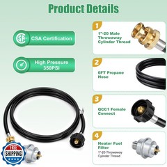 Propane Fuel Filter with 6FT Propane Adapter Hose, Detachable Propane F