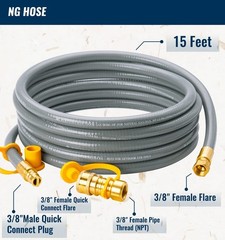 15 Feet 3/8 inch ID Natural Gas Grill Hose with Quick Connect Fittings, Natur…