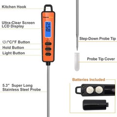 ThermoPro TP01A Instant Read Meat Thermometer with Long Probe Orange 2Pcs