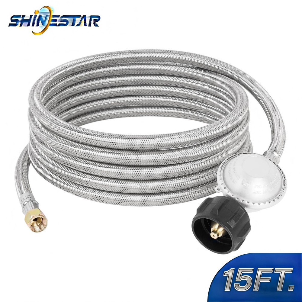 15Ft .Stainless Braided Propane Hose and Regulator 5lb to 20lb Tank, 3/8″ female