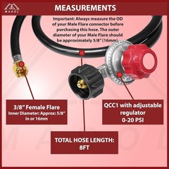 8′ LP Propane Gas Regulator Set Propane 0-20 PSI Adjustable Regulator QCC1/Type1
