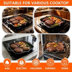 11″ Cast Iron Square Grill Pan, Professional Pre-Seasoned Griddle with Handle…