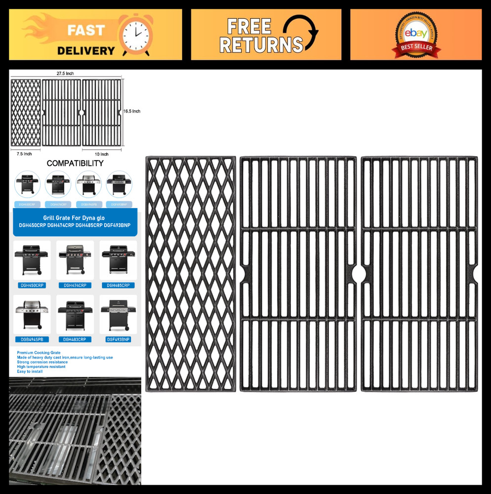 3pcs Cast Iron Grill Grates Replacement for Dyna Glo 4 Burner BBQ Grills