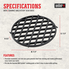 Gourmet BBQ System Sear Grate, Black – Porcelain‑Enameled Cast‑Iron for Perfect