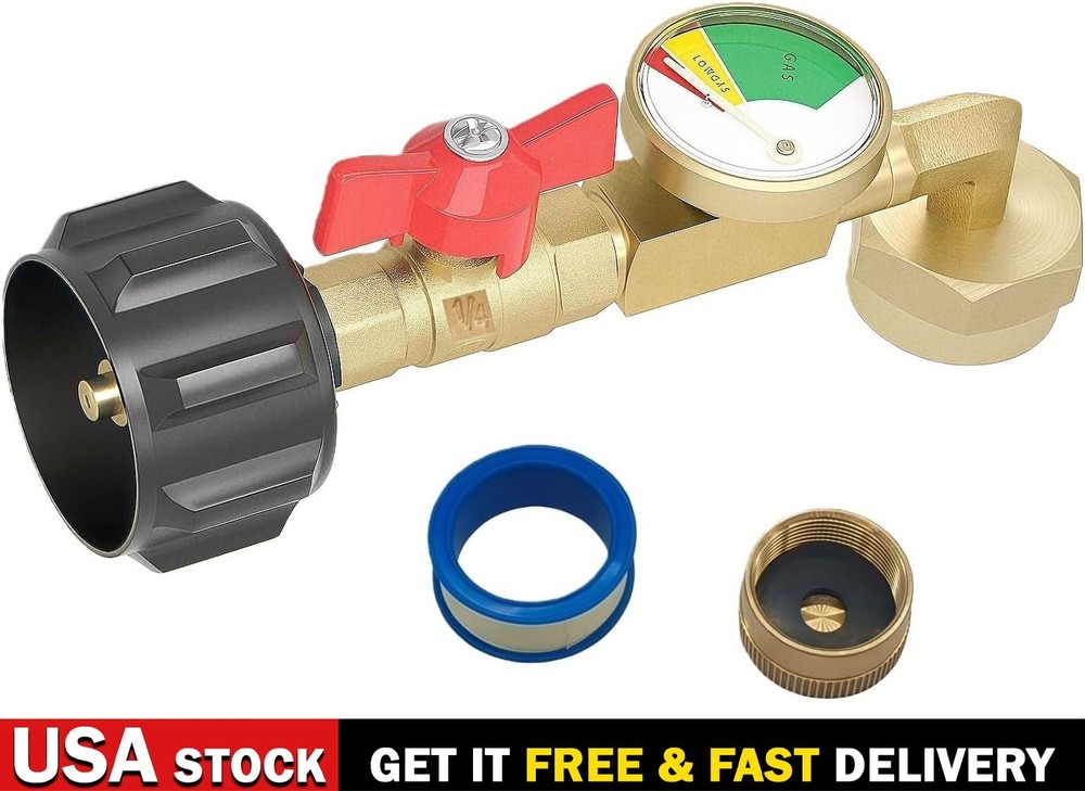 Propane Refill Adapter with Valve and Gauge 90° Fill 1 lb Bottles from 20lb Tank