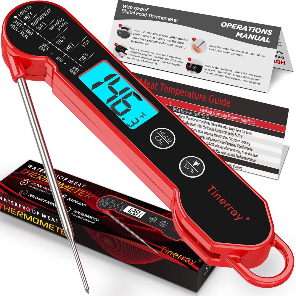 Professional Digital Meat Thermometer Instant Read Waterproof – Folding Red