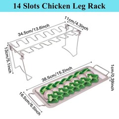 NEWCOMDIGI Chicken Leg Rack for Grill with Drip Tray, 14 Slots Sliver