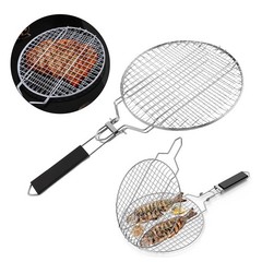 Portable Stainless Steel Round Grill Net with Lockable Basket for Outdoor BBQ