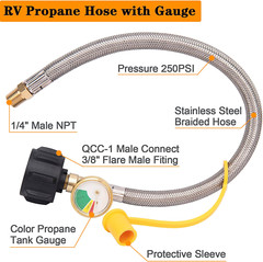 Braided Propane Hose Regulator& Gauge 1/4-Inch Male NPT x QCC-1 Fittings 2-Pack