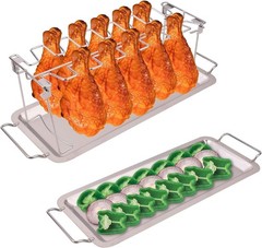 NEWCOMDIGI Chicken Leg Rack for Grill with Drip Tray, 14 Slots Sliver