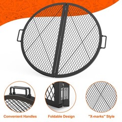 Foldable X‑Marks Heavy‑Duty Steel Round Fire Pit Grate, 30‑Inch