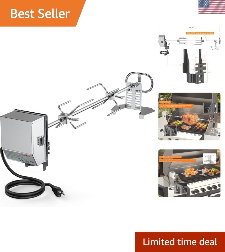 Complete Rotisserie Kit for Gas Grills – 28″ Spit Rod and 110V Motor Included