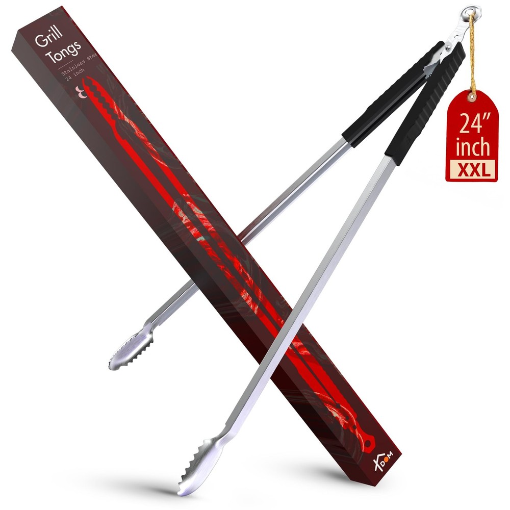 24 inch BBQ Tongs – 1 Year Warranty, 100% Stainless Steel Long Metal Grill Tongs