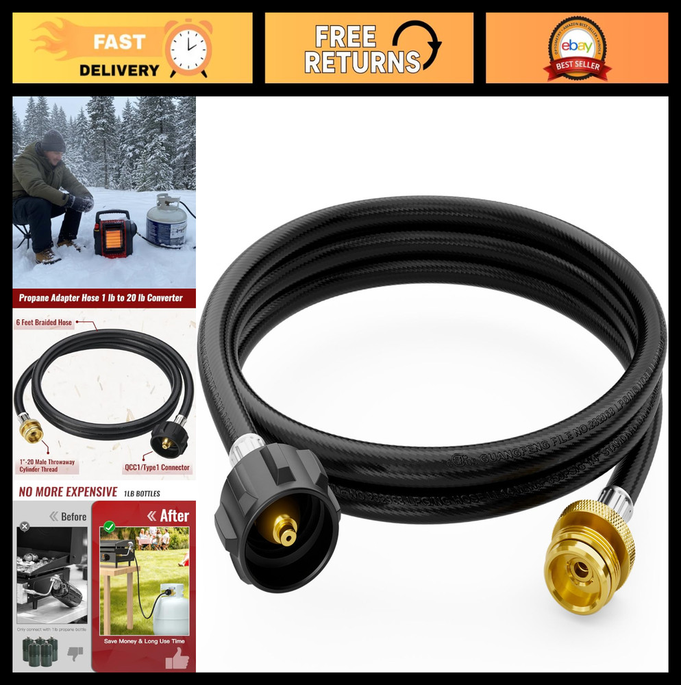 6ft Propane Adapter Hose, 1lb to 20lb Converter for Grills, Heaters & Tanks