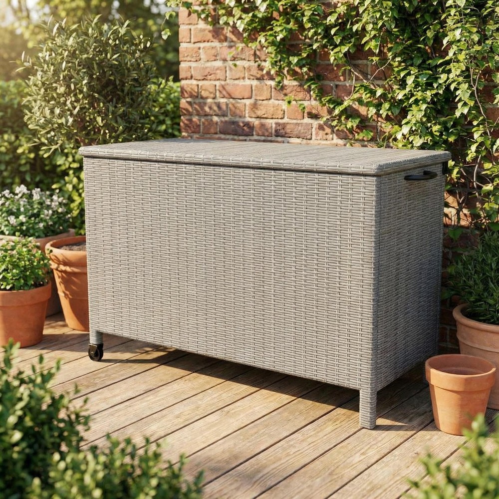 Outdoor Wicker Storage Box, PE Rattan Patio Storage Chest with Steel Frame, W…