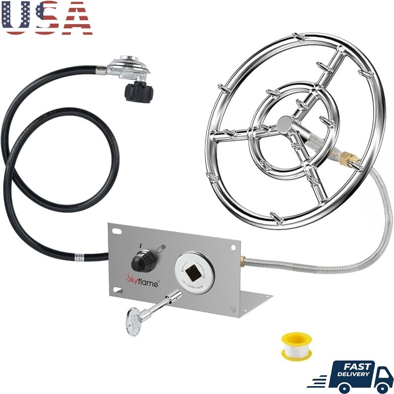 Stainless Steel Fire Pit Burner Kit W/ Propane Hose Spark Ignition Regulator New
