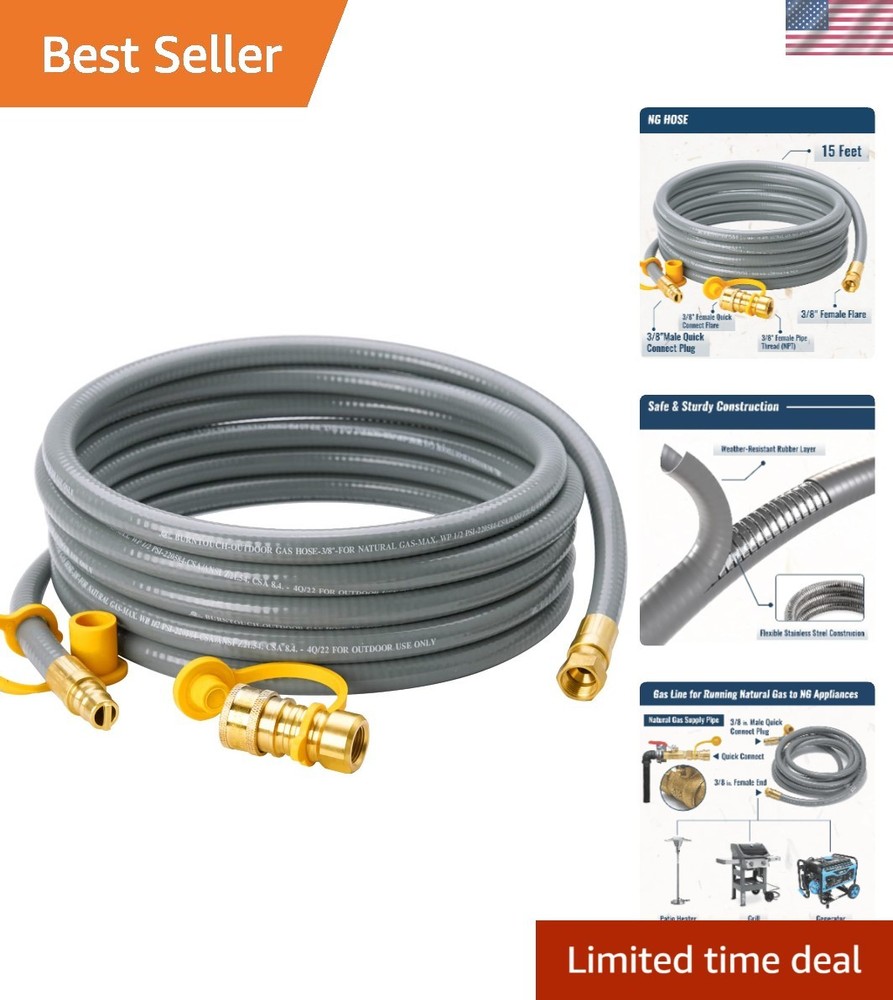 15 Feet 3/8 inch ID Natural Gas Grill Hose with Quick Connect Fittings, Natur…