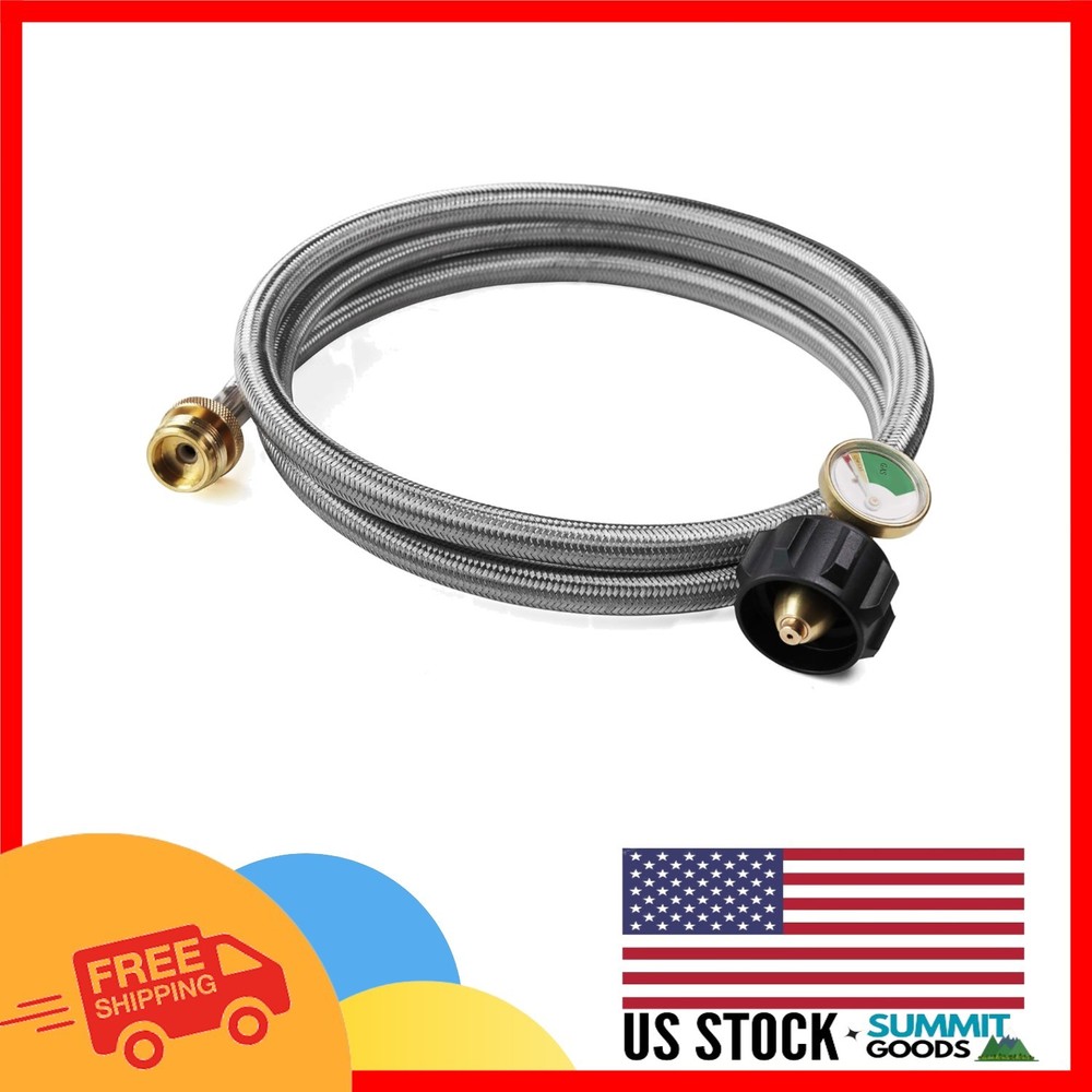 6ft Stainless Steel Braided Propane Adapter with Gauge for 1lb to 20lb Tanks